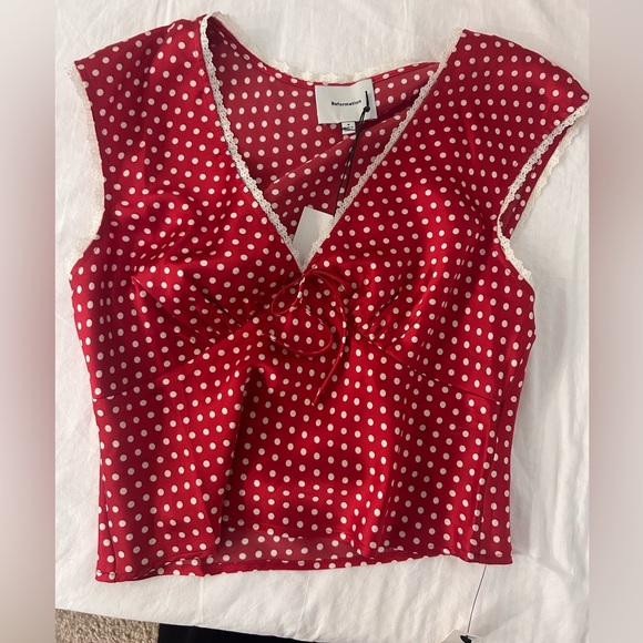 Reformation Scarlet Polka Dot V-Neck Blouse - Picture 2 of 3